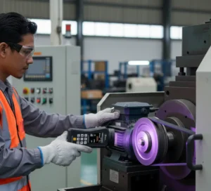 Teknisi Indonesia menggunakan UV stroboscope PCE-LES 308UV-385 untuk memeriksa pulley dan belt mesin berputar di workshop industri dengan APD lengkap.