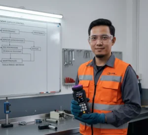 Foto menampilkan teknisi Indonesia di workshop otomotif sedang menggunakan UV stroboscope portabel PCE-LES 308UV-385-ICA untuk menginspeksi pulley dan belt mesin yang berputar, dengan layar alat terlihat jelas dan pencahayaan UV diarahkan ke komponen dari jarak aman.