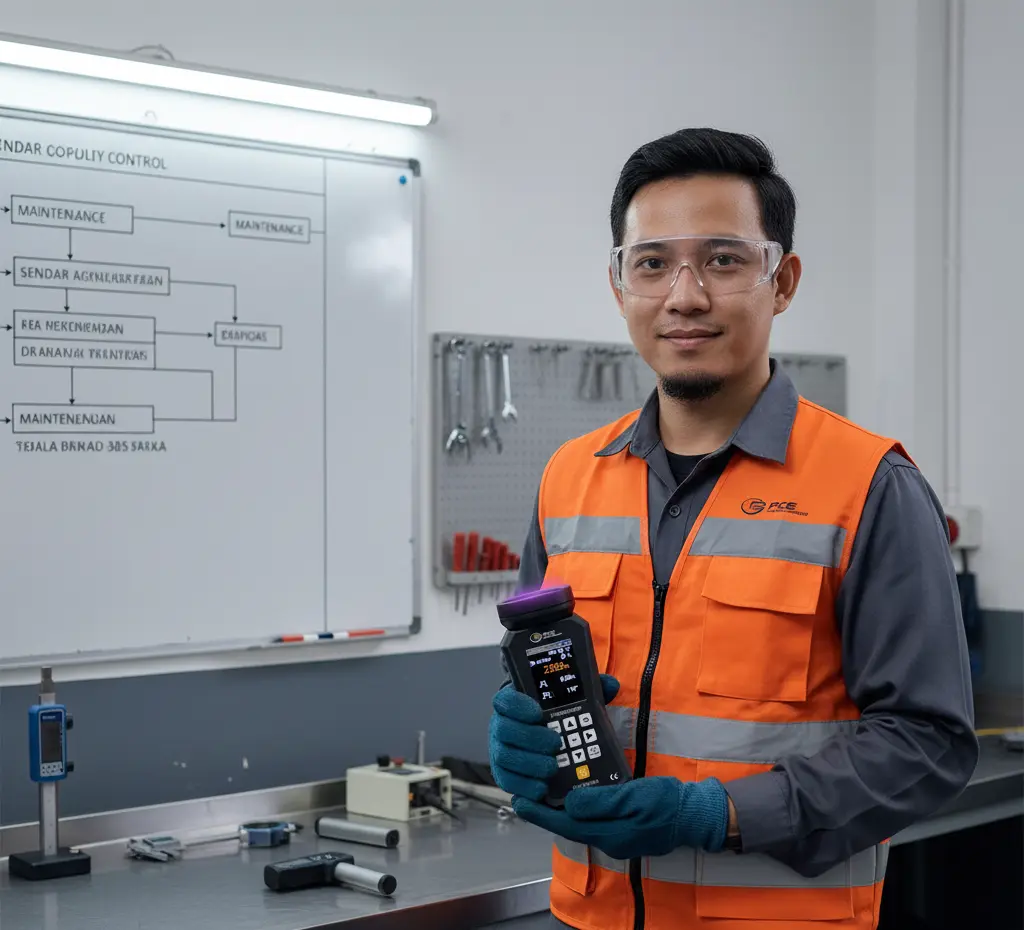 Foto menampilkan teknisi Indonesia di workshop otomotif sedang menggunakan UV stroboscope portabel PCE-LES 308UV-385-ICA untuk menginspeksi pulley dan belt mesin yang berputar, dengan layar alat terlihat jelas dan pencahayaan UV diarahkan ke komponen dari jarak aman.