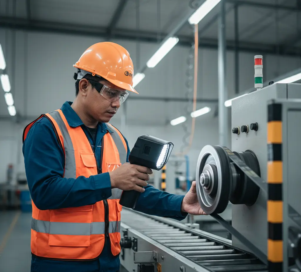 Teknisi QC Indonesia menggunakan stroboskop LED portabel PCE-LES 350-ICA untuk memeriksa kestabilan putaran pulley dan belt conveyor pada line produksi otomotif.