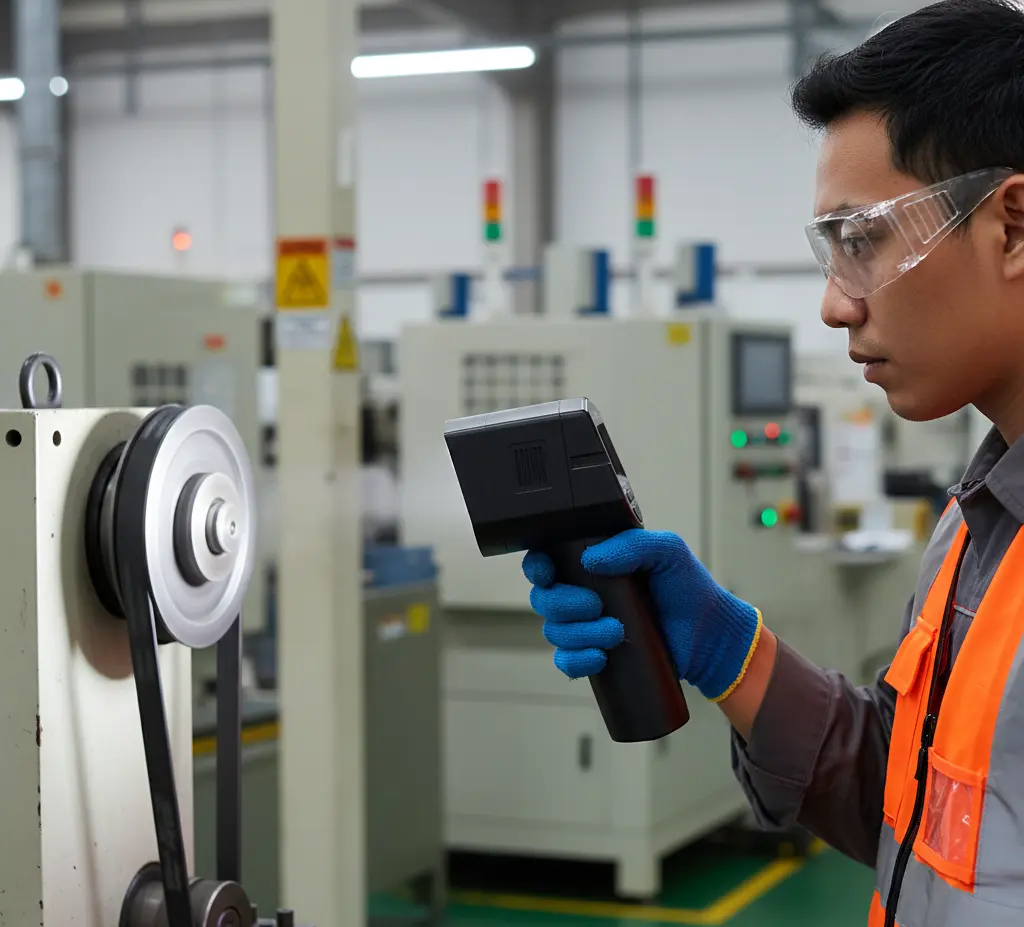 Teknisi maintenance Indonesia menggunakan stroboskop LED portabel PCE-LES 350 untuk membekukan gerak pulley dan belt mesin berputar saat inspeksi di area pabrik.