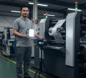 Teknisi Indonesia menggunakan stroboscope PCE-LES 400 untuk inspeksi mesin produksi berkecepatan tinggi di lingkungan pabrik