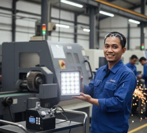Seorang teknisi Indonesia menggunakan stroboscope LED untuk memeriksa putaran mesin industri dengan efek visual pembekuan gerakan pada poros berputar.