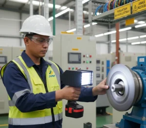 Teknisi listrik Indonesia menggunakan PCE-LES 500-ICA portable LED stroboscope untuk membekukan visual putaran coupling pompa saat commissioning di area pabrik.
