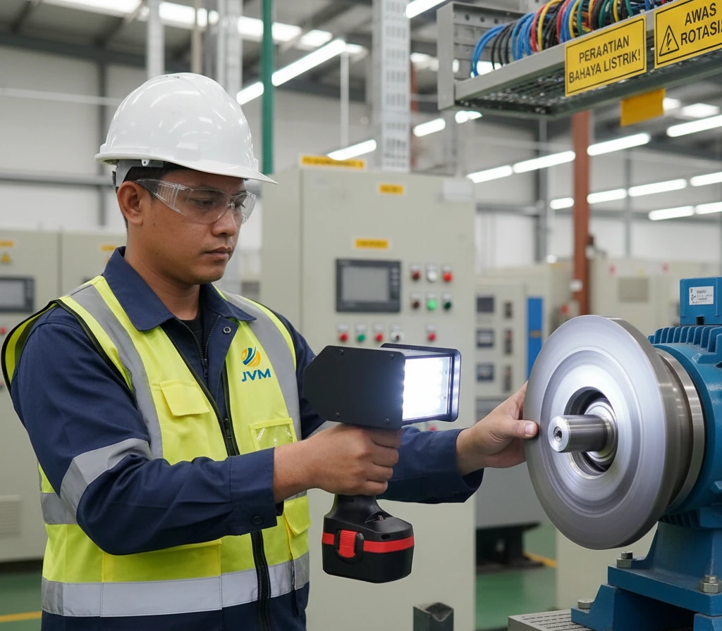 Teknisi listrik Indonesia menggunakan PCE-LES 500-ICA portable LED stroboscope untuk membekukan visual putaran coupling pompa saat commissioning di area pabrik.