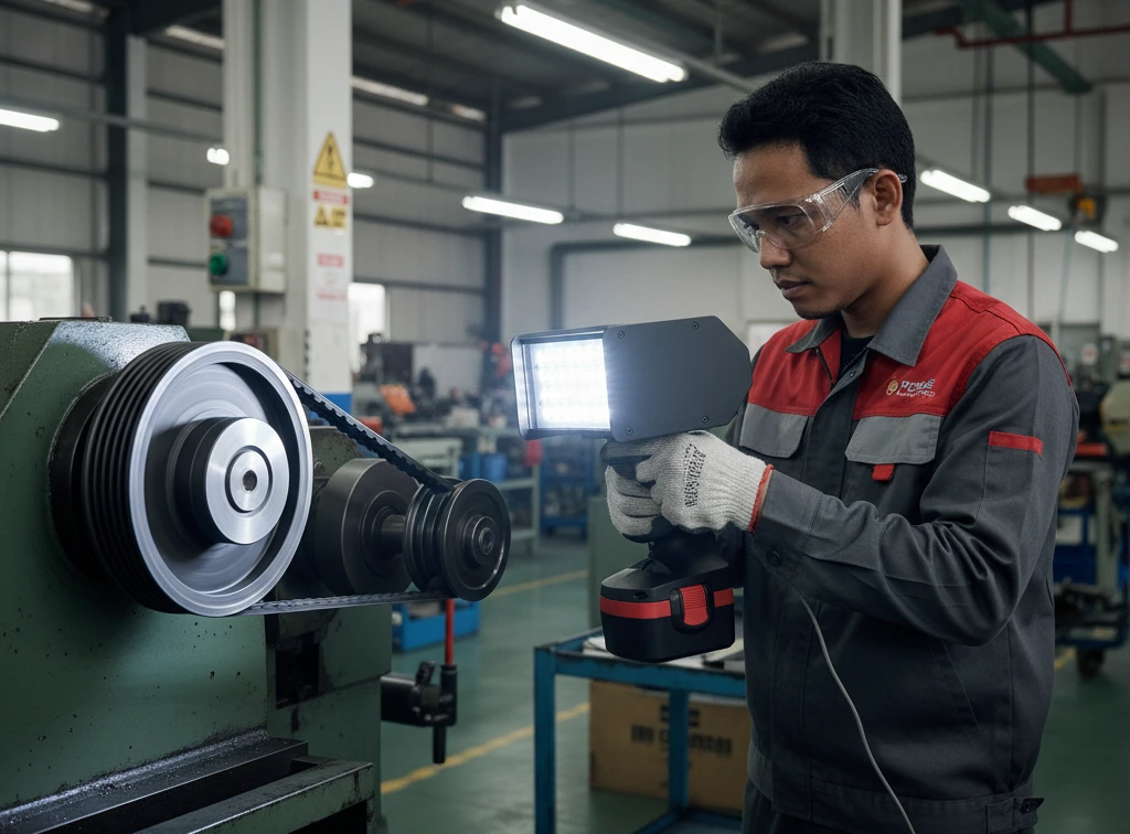 Teknisi Indonesia menggunakan stroboscope LED portabel PCE-LES 500 untuk membekukan gerak pulley dan belt pada mesin berputar di area workshop industri, dengan APD lengkap dan pencahayaan kerja yang aman.