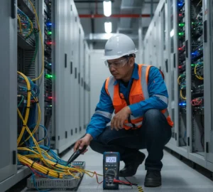 Teknisi listrik Indonesia sedang menggunakan Cable Detector PCE-LT 12 untuk melacak kabel jaringan di ruang server.