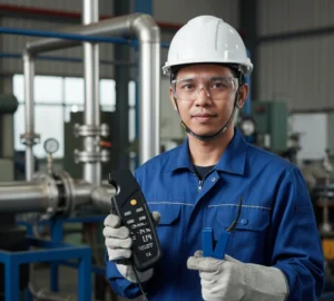 Teknisi instrumentasi Indonesia menggunakan PCE-MCM 10-ICA untuk mengukur arus loop 4–20 mA pada kabel di dalam panel kontrol industri.