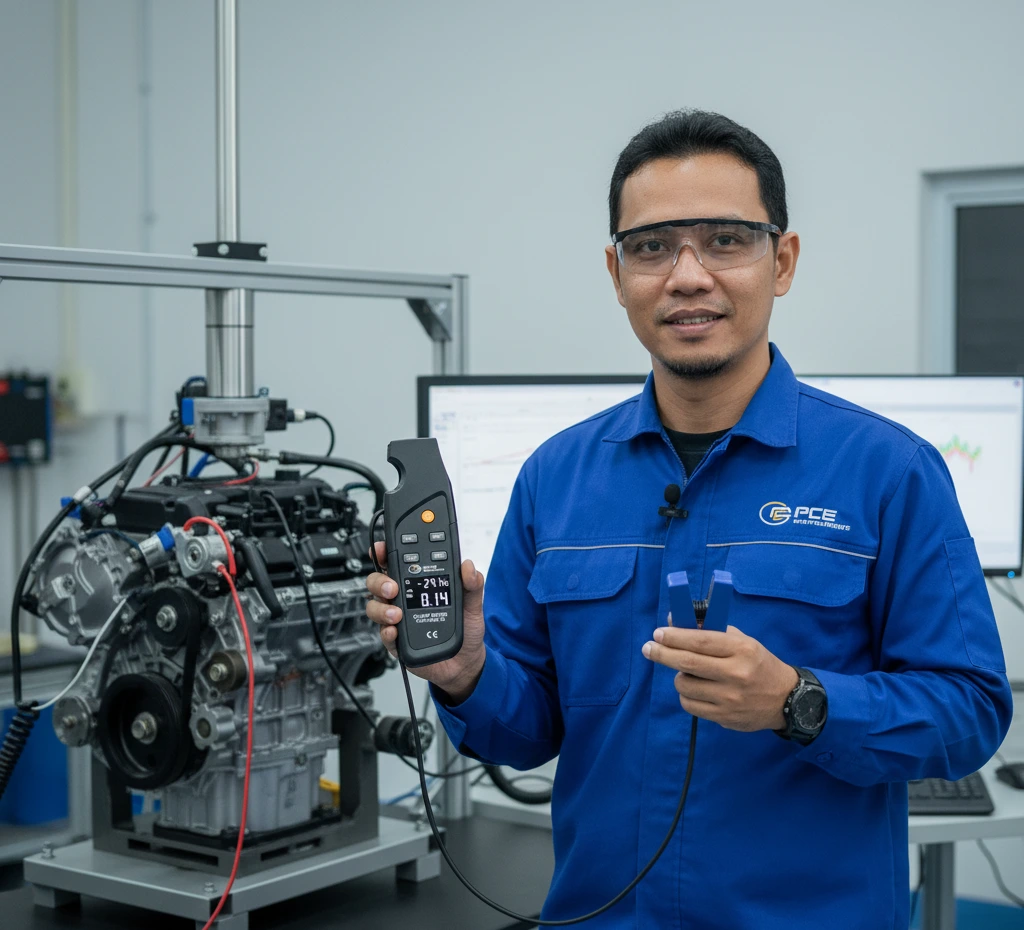 Foto teknisi instrumentasi Indonesia menggunakan PCE-MCM 10 untuk mengukur arus DC 4–20 mA dengan current clamp pada satu kabel terisolasi di panel kontrol test bench otomotif, menampilkan pembacaan mA dan persentase di layar alat.