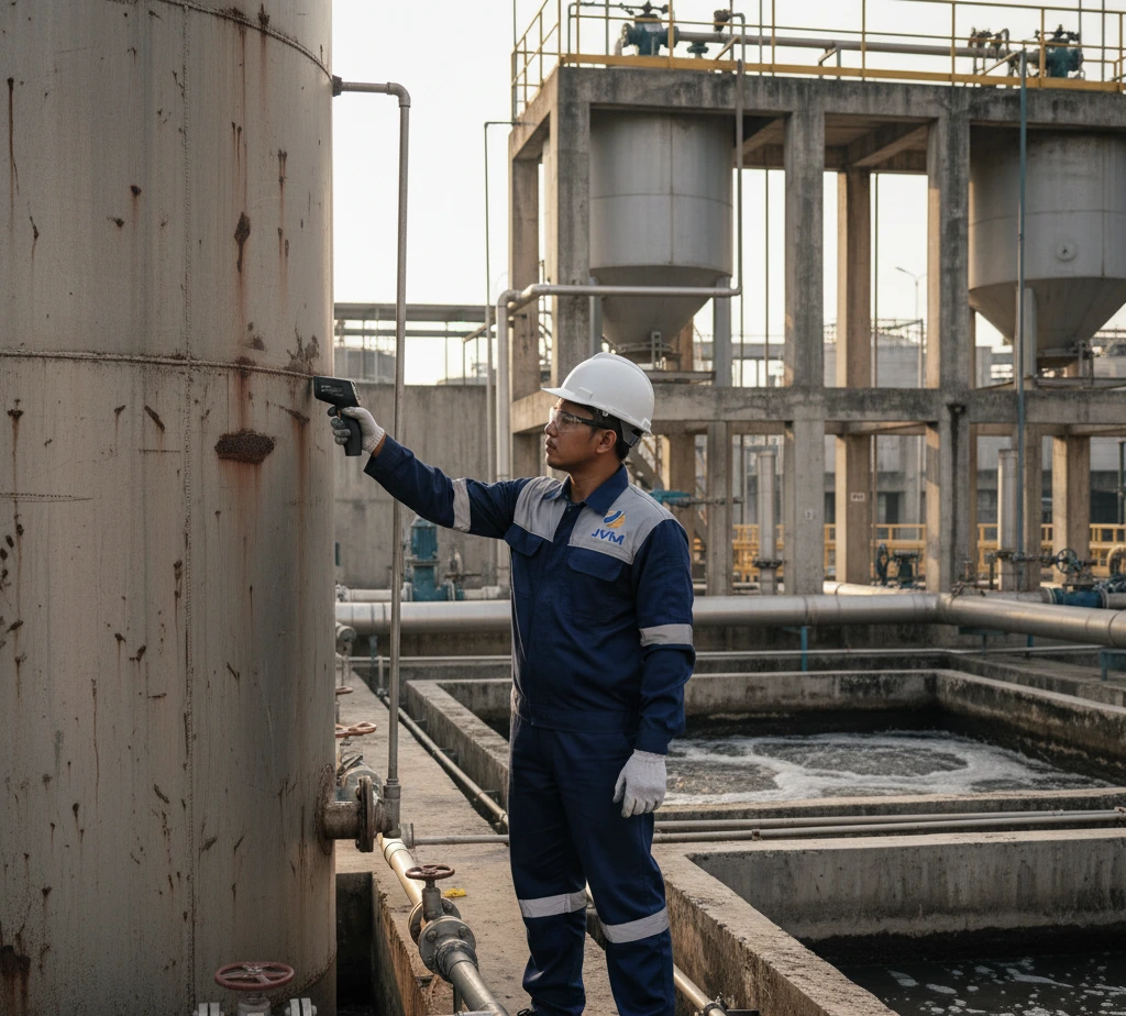Teknisi Indonesia menggunakan infrared thermometer PCE-MIR 20 untuk mengukur suhu tangki industri di fasilitas pengolahan air