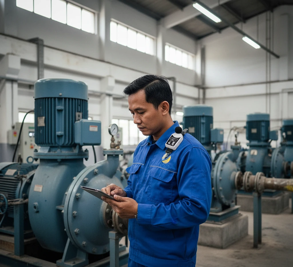 Teknisi Indonesia menggunakan noise dosimeter PCE-MND 10 di bahu saat memantau kebisingan mesin pompa di instalasi industri