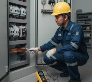 Teknisi listrik menggunakan Microohm Meter PCE-MO 2005 untuk mengukur resistansi busbar panel.