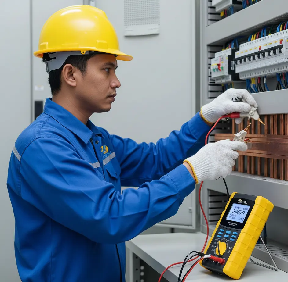 Teknisi listrik menggunakan Microohm Meter PCE-MO 2005 untuk mengukur resistansi busbar di panel industri.