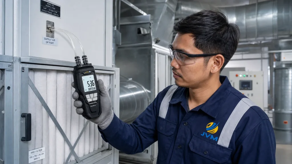 Teknisi HVAC Indonesia memegang Differential Pressure Meter PCE-MPM 10 untuk mengukur tekanan diferensial rendah pada sistem ventilasi atau cleanroom.