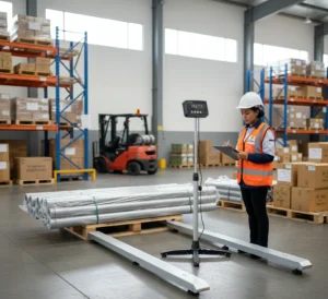 Petugas QC gudang kargo Indonesia menimbang barang panjang di atas pallet menggunakan dua beam checkweighing scale PCE-MS B1,5T-1-M dengan display LCD terlihat.