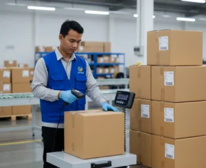 Operator QC Indonesia menimbang karton besar di checkweighing scale PCE-MS PC150-1-60x70-M dengan display LCD dan kabel spiral di area pengemasan pabrik.