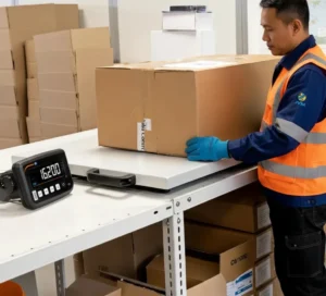 Petugas gudang Indonesia menimbang paket besar di atas platform checkweighing scale PCE-MS PC150-1-65x95-M di area packing dan staging, dengan display terhubung kabel dan diletakkan pada posisi baca yang ergonomis.
