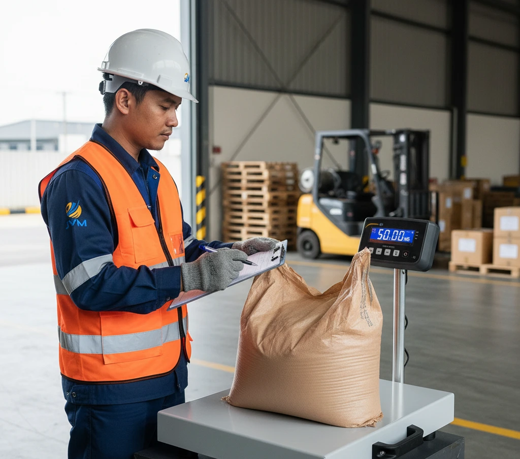 Operator QC Indonesia memverifikasi berat karung bahan bangunan di atas timbangan platform PCE-MS PC300-1-60x70-M 300 kg pada area staging dekat loading dock, dengan forklift dan palet di latar.