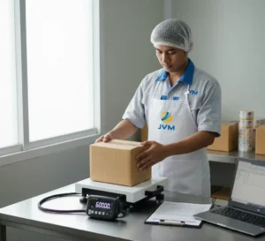 Operator QC UMKM minuman serbuk menimbang dus sachet di atas checkweighing scale PCE-MS PC60-1-30x40-M dengan display angka besar untuk kontrol selisih timbang