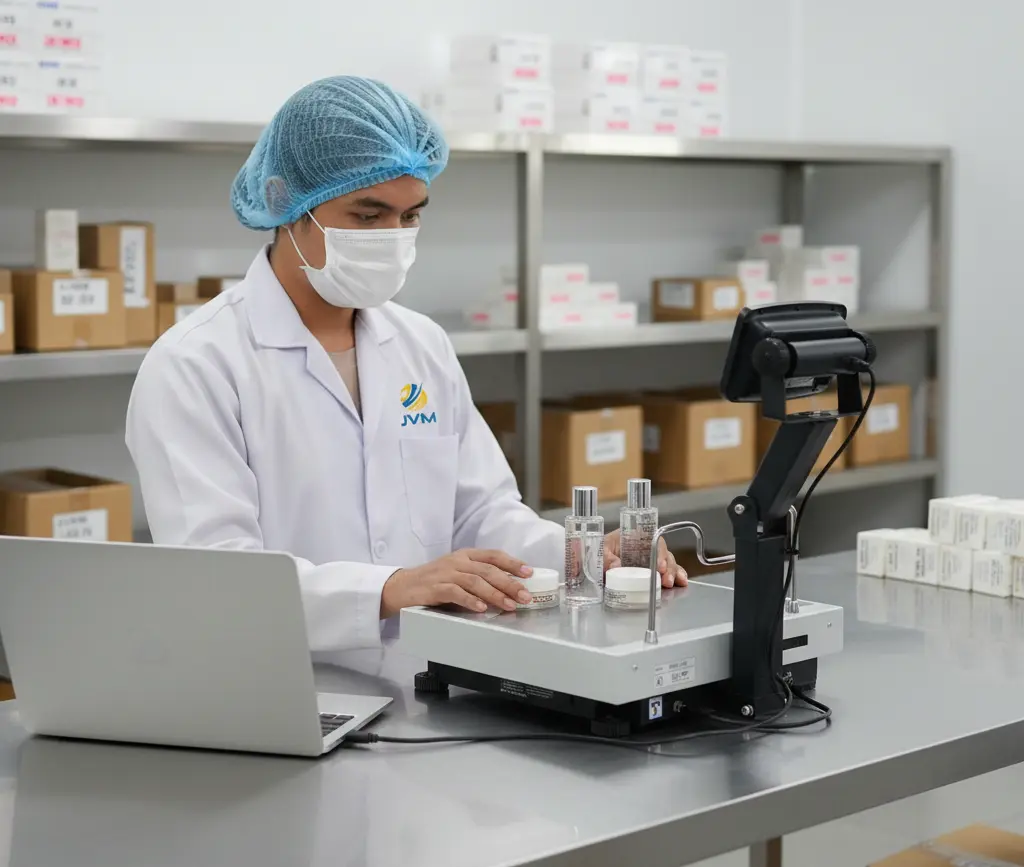 Teknisi QC Indonesia menimbang botol serum skincare menggunakan checkweighing scale PCE-MS PF60-1-45x45-M di meja stainless, dengan laptop untuk pencatatan hasil timbang.