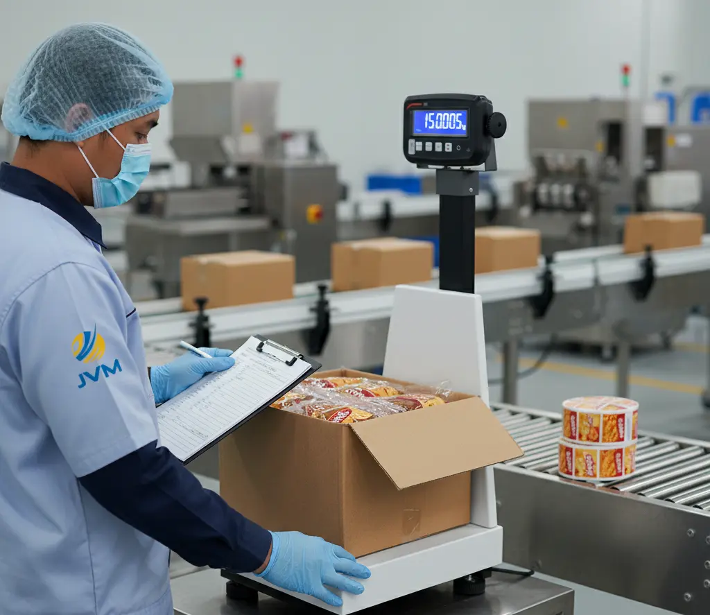 Gambar menampilkan staff QC Indonesia di area packaging pabrik snack/bakery sedang menimbang karton produk di atas checkweighing scale PCE-MS PP150-1-30x40-M dengan platform 30×40 cm dan display LCD kontras tinggi