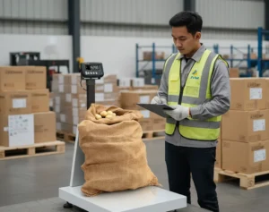 Staf QC logistik Indonesia menimbang karung besar di atas checkweighing scale PCE-MS PP300-1-60x70-M di area gudang ekspor, dengan backrest terpasang dan display LCD menghadap operator.