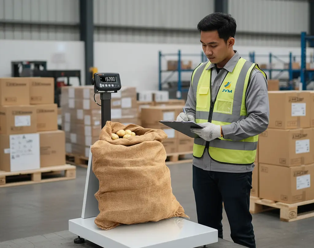 Staf QC logistik Indonesia menimbang karung besar di atas checkweighing scale PCE-MS PP300-1-60x70-M di area gudang ekspor, dengan backrest terpasang dan display LCD menghadap operator.