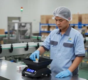 Petugas QC Indonesia menimbang produk kemasan kecil menggunakan benchtop scale PCE-MS T3B-1-M di area produksi.