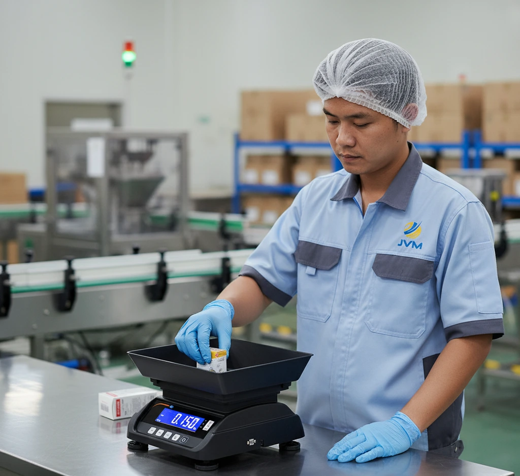 Petugas QC Indonesia menimbang produk kemasan kecil menggunakan benchtop scale PCE-MS T3B-1-M di area produksi.