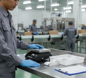 Teknisi QC Indonesia menimbang sampel produk di area pengemasan menggunakan benchtop scale PCE-MS T3S-1-M di atas meja stainless, dengan layar hitam berangka putih besar yang mudah dibaca dan tray sampel di sampingnya.