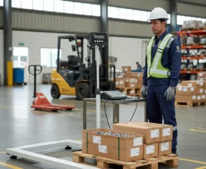 Teknisi QC Indonesia memeriksa berat pallet part metal menggunakan timbangan U-shape PCE-MS U1,5T-1-M di area gudang pabrik, dengan display terpisah di meja dan aktivitas forklift di latar belakang.