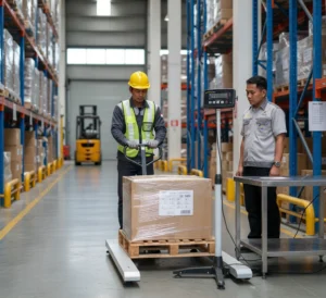 Operator gudang Indonesia menimbang palet menggunakan timbangan U-shape PCE-MS U3T-1-M dengan hand pallet truck, sementara unit display berada di meja QC untuk pembacaan cepat di area logistik pelabuhan.