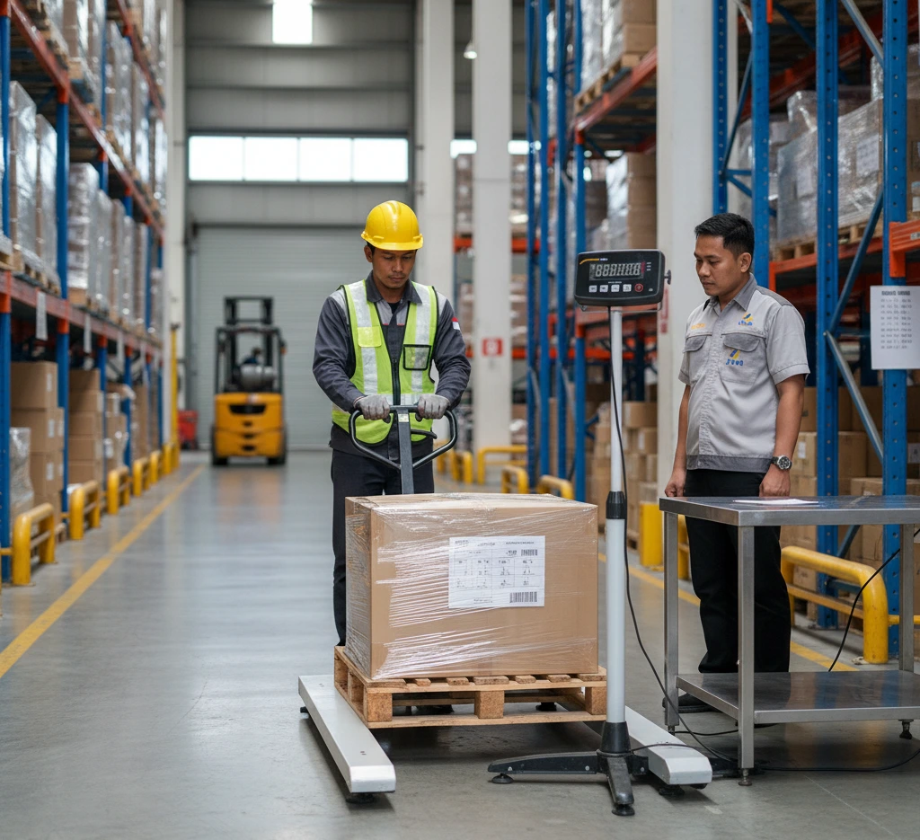 Operator gudang Indonesia menimbang palet menggunakan timbangan U-shape PCE-MS U3T-1-M dengan hand pallet truck, sementara unit display berada di meja QC untuk pembacaan cepat di area logistik pelabuhan.