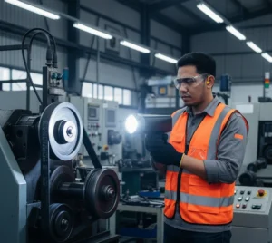 Foto menampilkan teknisi Indonesia di workshop otomotif-industri sedang memegang stroboscope PCE-OM 15-ICA dan mengarahkannya ke pulley serta belt yang sedang berputar pada mesin uji, dengan APD lengkap dan jarak kerja aman.