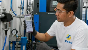 Teknisi industri Indonesia memegang Differential Pressure Manometer PCE-P15-ICA untuk mengukur tekanan diferensial pada sistem pneumatik atau kompresor.