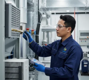 Teknisi Indonesia memegang Differential Pressure Manometer PCE-P50 untuk mengukur tekanan diferensial pada sistem HVAC atau instalasi pneumatik.