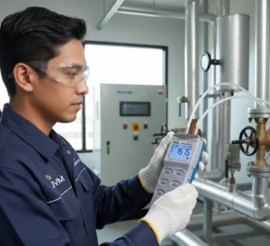 Teknisi industri Indonesia memegang Differential Pressure Manometer PCE-P50-ICA untuk mengukur tekanan diferensial pada sistem HVAC atau pneumatik.