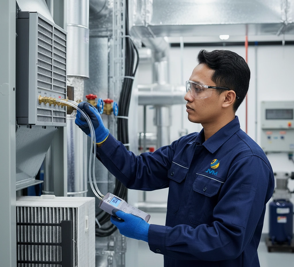 Teknisi Indonesia memegang Differential Pressure Manometer PCE-P50 untuk mengukur tekanan diferensial pada sistem HVAC atau instalasi pneumatik.