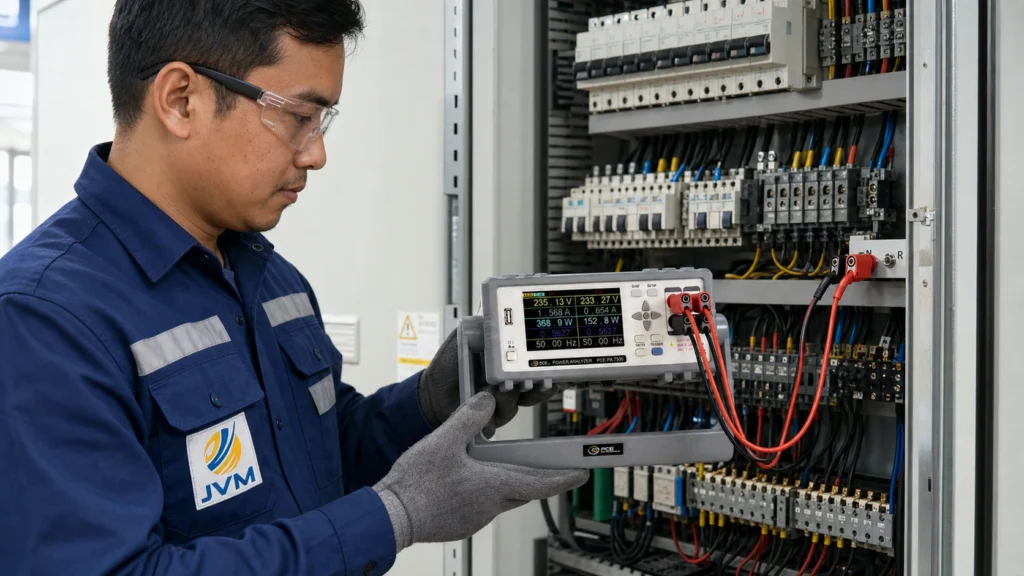 Teknisi listrik Indonesia menggunakan Electrical Tester PCE-PA 7500 untuk mengukur parameter listrik pada panel industri.