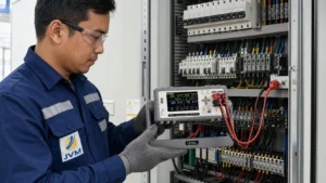 Teknisi listrik Indonesia menggunakan Electrical Tester PCE-PA 7500 untuk mengukur parameter listrik pada panel industri.