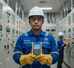 teknisi listrik Indonesia menggunakan clamp meter PCE-PA 8300-1 pada panel distribusi 3 fasa di lingkungan industri.