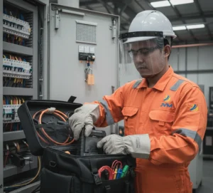 Engineer Indonesia menggunakan clamp meter PCE-PA 8500-ICA untuk pengukuran kualitas daya pada panel listrik industri dengan tampilan grafik waveform di layar alat.