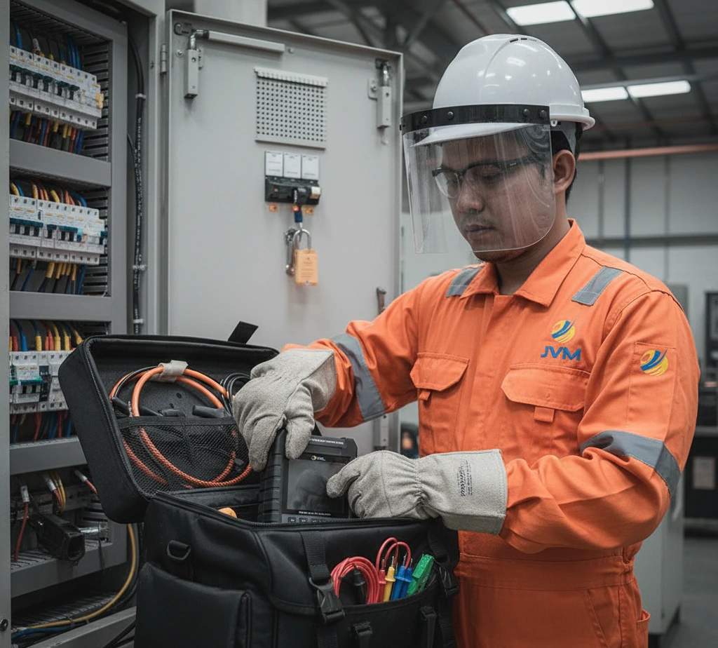 Engineer Indonesia menggunakan clamp meter PCE-PA 8500-ICA untuk pengukuran kualitas daya pada panel listrik industri dengan tampilan grafik waveform di layar alat.