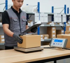 Seorang teknisi QC Indonesia menimbang kardus paket di atas benchtop scale PCE-PB 150N dengan display LCD di stand samping, di area gudang untuk memastikan berat pengiriman akurat.