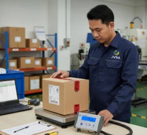 Teknisi QC Indonesia menimbang kotak komponen di atas timbangan benchtop PCE-PB 150N-ICA dengan display terpisah dan kabel spiral, di meja kerja area quality control pabrik dengan laptop pencatatan.