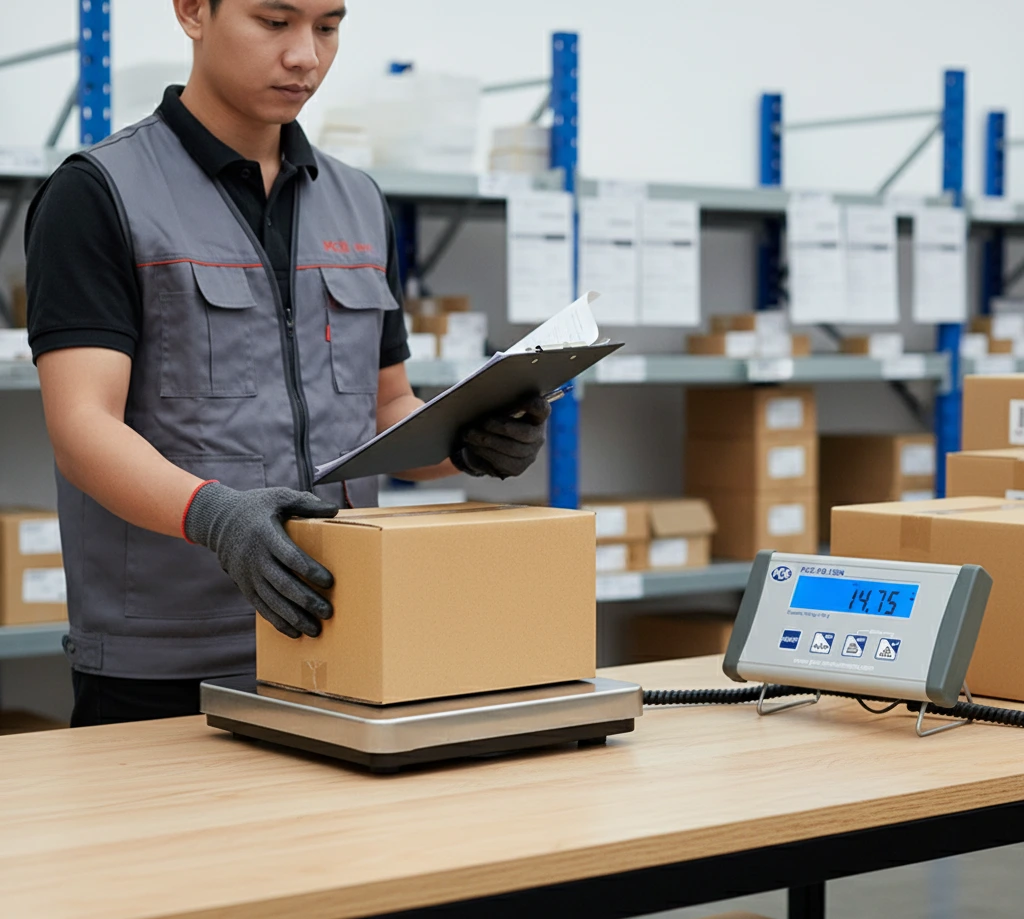 Seorang teknisi QC Indonesia menimbang kardus paket di atas benchtop scale PCE-PB 150N dengan display LCD di stand samping, di area gudang untuk memastikan berat pengiriman akurat.