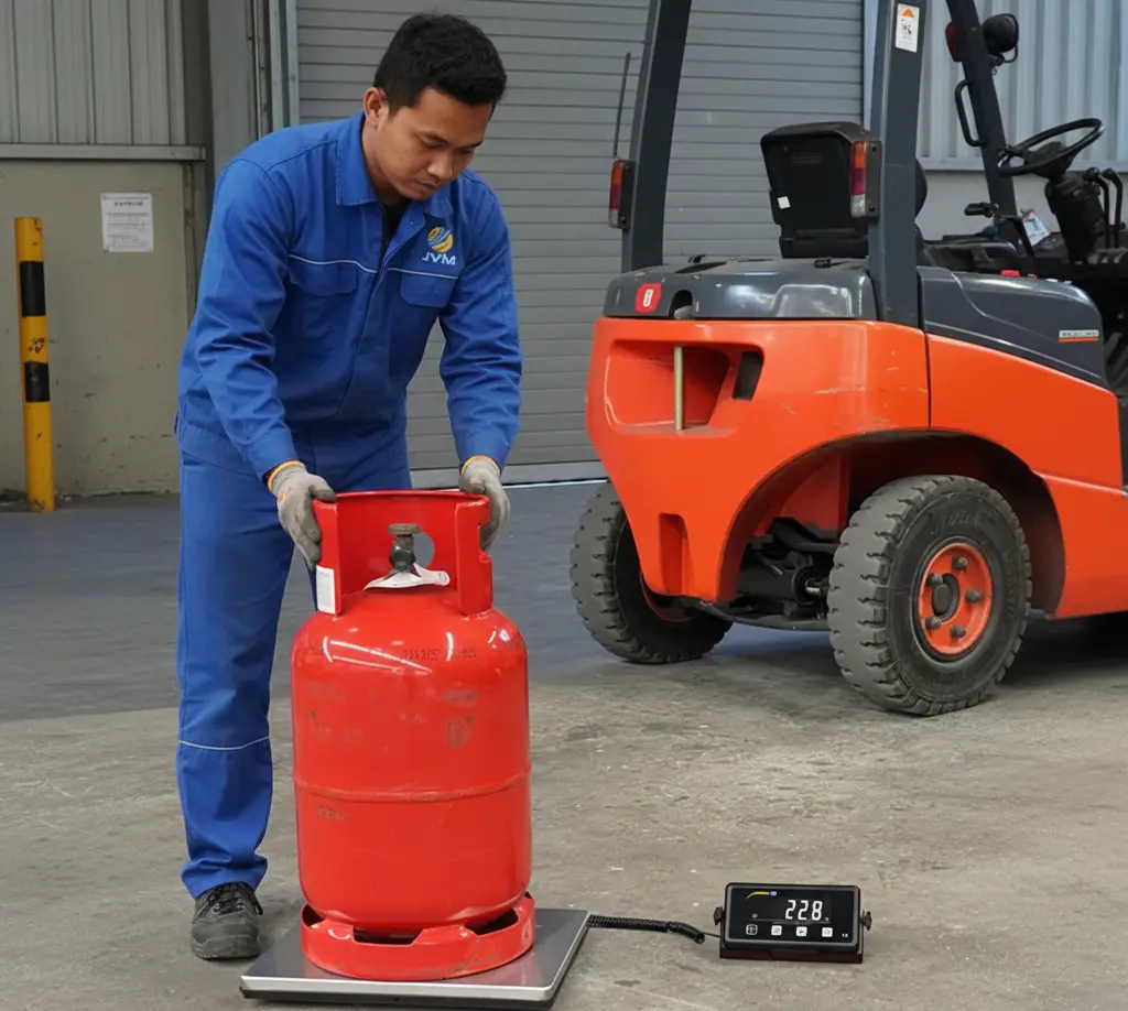 Gambar menampilkan teknisi QC Indonesia di area produksi coating/cat yang menimbang wadah cat di atas platform benchtop scale PCE-PB 200N, dengan display eksternal ditempatkan ergonomis untuk memudahkan pembacaan saat verifikasi berat dan dosing material