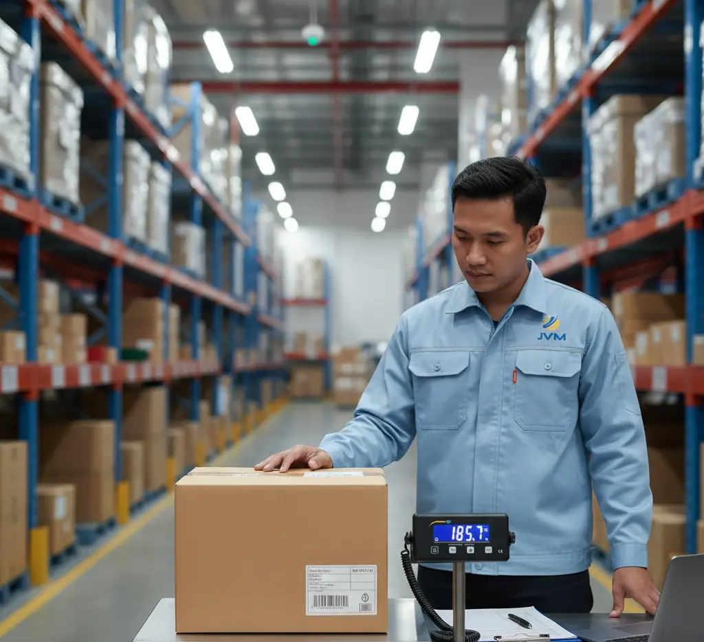 Teknisi QC Indonesia menimbang paket besar pada platform scale PCE-PB 200N di area gudang, dengan display eksternal menampilkan angka berat dan perlengkapan pencatatan di sampingnya untuk verifikasi data logistik.