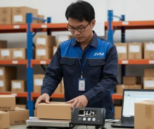 Teknisi QC Indonesia menimbang paket di benchtop scale PCE-PB 60N-ICA dengan platform stainless steel dan indikator LCD terpisah, terhubung ke laptop untuk pencatatan berat via USB di workstation gudang.