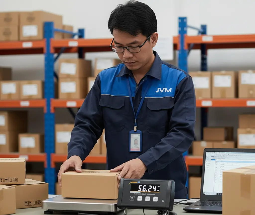 Teknisi QC Indonesia menimbang paket di benchtop scale PCE-PB 60N-ICA dengan platform stainless steel dan indikator LCD terpisah, terhubung ke laptop untuk pencatatan berat via USB di workstation gudang.